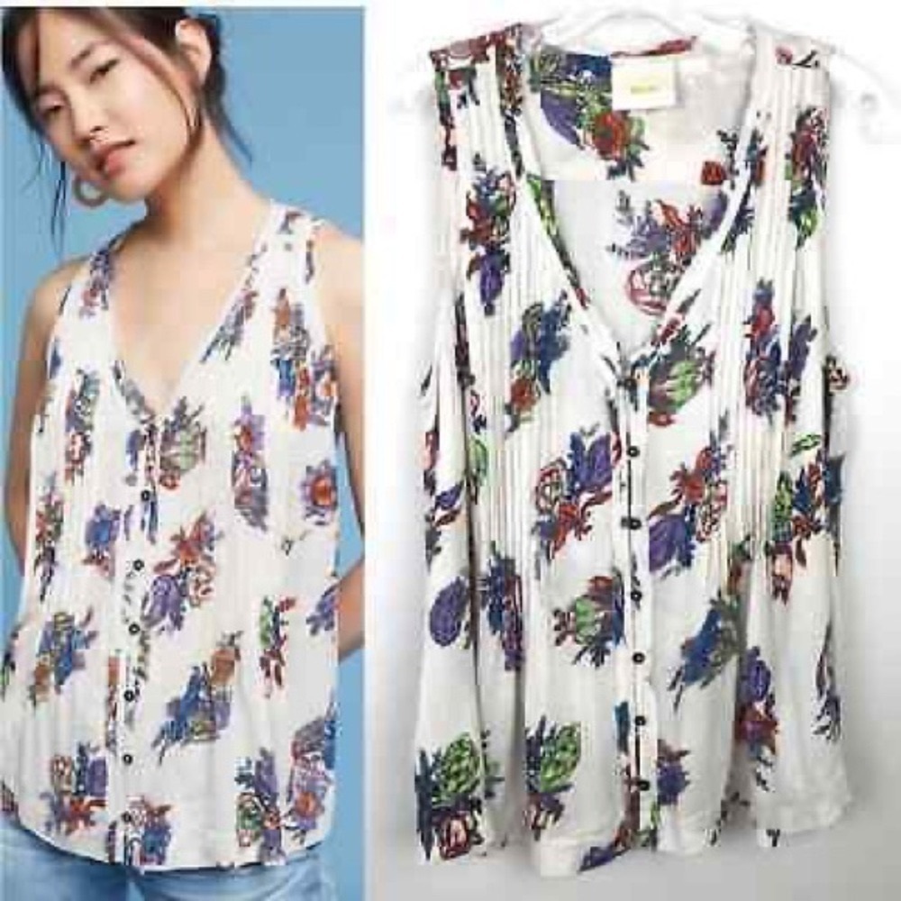 Anthropologie Maeve Cream Floral Sleeveless V-neck Blouse Size Small